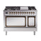 ILVE Nostalgie II Noblesse 48-Inch 5.02 Cu. Ft. Dual Oven Natural Gas Dual Fuel Range with 8 Burners, Griddle and Solid Door in Stainless Steel with Burnished Bronze Trim (UN48FQNMPSSB)