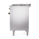 Stainless freestanding range cabinet with bronze-accent knobs, rear quarter view