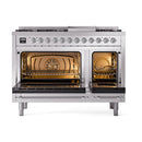 Stainless steel freestanding dual fuel range with open dual solid-door ovens
