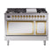 ILVE Nostalgie II Noblesse 48-Inch 5.02 Cu. Ft. Dual Oven Propane Gas Dual Fuel Range with 8 Burners, Griddle and Solid Door in Stainless Steel with Brass Trim (UN48FQNMPSSGLP)