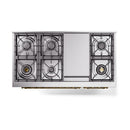 Cooktop burner grates and controls on stainless steel range with brass details