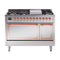 ILVE Nostalgie II Noblesse 48-Inch 5.02 Cu. Ft. Dual Oven Propane Gas Dual Fuel Range with 8 Burners, Griddle and Solid Door in Stainless Steel with Copper Trim (UN48FQNMPSSPLP)