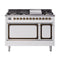 ILVE Nostalgie II Noblesse 48-Inch 5.02 Cu. Ft. Dual Oven Propane Gas Dual Fuel Range with 8 Burners, Griddle and Solid Door in White with Burnished Bronze Trim (UN48FQNMPWHBLP)