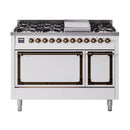 White freestanding gas range with dual fuel burners and bronze-trimmed oven doors