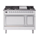 White freestanding gas range with dual ovens, chrome control knobs and burner grates