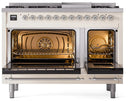 Antique white freestanding dual-fuel range with oven doors open and interior racks