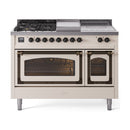 Antique white dual-fuel range front view with griddle top, oven windows, and knobs