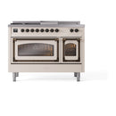 Antique white gas dual-fuel range with two oven windows and black control knobs