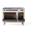 Antique white dual-fuel range with both oven doors open and interior burners visible