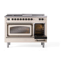 Antique white gas range with both oven doors closed and bronze-trimmed glass windows