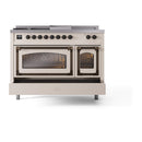 Antique white dual-fuel range with two oven doors and dark lower drawer panel