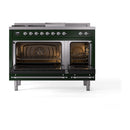 ILVE emerald green dual-fuel range with both oven doors open and interior racks