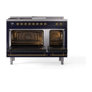 Midnight blue dual-fuel range with brass-trim doors and both oven doors open