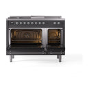 Dual fuel range with both oven doors open, chrome-trimmed windows and matte graphite finish