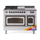 Nostalgie II dual fuel range in white with front view of open ovens and control knobs.