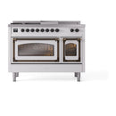 Nostalgie II dual fuel range, front view with two closed ovens and row of burner knobs.