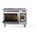Dual fuel range with left oven fully open and right oven door open, white with bronze accents.