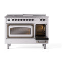 Nostalgie II dual fuel range, two oven doors open with interior lighting on white frame.