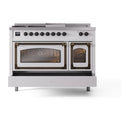 Nostalgie II dual fuel range, front view with glass oven windows and burner knobs on white.