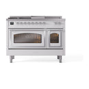 White dual fuel range with twin oven doors and illuminated viewing windows