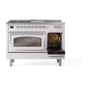 Dual fuel range front view with one oven door open and lit interior, white finish