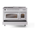 Dual fuel range front with two oven windows, control knobs, and stainless-style side panels