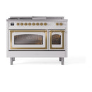 ILVE Nostalgie II dual-fuel range with dual glass oven windows, brass knobs, white finish