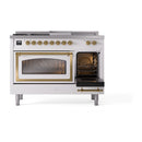ILVE Nostalgie II dual-fuel range front with large oven glass window and right side door, brass accents