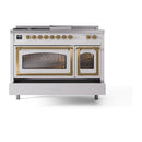 ILVE Nostalgie II dual-fuel range front with two brass-trimmed glass doors and knob panel