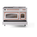 Dual-fuel range front view with copper-trimmed oven door handles and matching control knobs