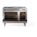 Stainless steel dual-fuel range with two oven doors open, showing interior racks and burners