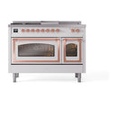 White dual-fuel gas range with twin glass doors and copper-trim door handles