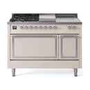 Antique white gas dual fuel range with chrome trim, griddle, and five sealed burners