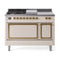 ILVE Nostalgie II Noblesse 48-Inch 5.02 Cu. Ft. Dual Oven Natural Gas Dual Fuel Range with 5 Burners, Griddle, French Top and Solid Door in Antique White with Brass Trim (UN48FSQNMPAWG)