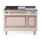 ILVE Nostalgie II Noblesse 48-Inch 5.02 Cu. Ft. Dual Oven Natural Gas Dual Fuel Range with 5 Burners, Griddle, French Top and Solid Door in Antique White with Copper Trim (UN48FSQNMPAWP)
