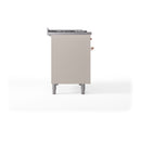 Antique white range side panel with copper control knobs and four metal legs