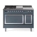 Blue grey dual-fuel range front view with burners, griddle, and two oven doors