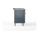 Blue grey range side view with closed panel, chrome accents, and four leveling feet