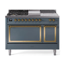 Blue-gray dual fuel range front with sealed burners, griddle, and open ovens
