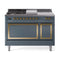 ILVE Nostalgie II Noblesse 48-Inch 5.02 Cu. Ft. Dual Oven Natural Gas Dual Fuel Range with 5 Burners, Griddle, French Top and Solid Door in Blue Grey with Brass Trim (UN48FSQNMPBGG)