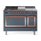 ILVE Nostalgie II Noblesse 48-Inch 5.02 Cu. Ft. Dual Oven Natural Gas Dual Fuel Range with 5 Burners, Griddle, French Top and Solid Door in Blue Grey with Copper Trim (UN48FSQNMPBGP)