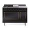 ILVE Nostalgie II Noblesse 48-Inch 5.02 Cu. Ft. Dual Oven Natural Gas Dual Fuel Range with 5 Burners, Griddle, French Top and Solid Door in Glossy Black with Burnished Bronze Trim (UN48FSQNMPBKB)