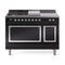 ILVE Nostalgie II Noblesse 48-Inch 5.02 Cu. Ft. Dual Oven Propane Gas Dual Fuel Range with 5 Burners, Griddle, French Top and Solid Door in Glossy Black with Chrome Trim (UN48FSQNMPBKCLP)