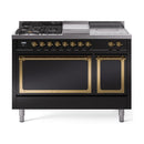 Glossy black dual fuel range with 5 burners, griddle, and two brass-trim oven doors