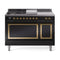 ILVE Nostalgie II Noblesse 48-Inch 5.02 Cu. Ft. Dual Oven Propane Gas Dual Fuel Range with 5 Burners, Griddle, French Top and Solid Door in Glossy Black with Brass Trim (UN48FSQNMPBKGLP)