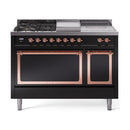 Glossy black dual-fuel range with copper-trim control knobs, burners, griddle and two doors