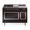 ILVE Nostalgie II Noblesse 48-Inch 5.02 Cu. Ft. Dual Oven Natural Gas Dual Fuel Range with 5 Burners, Griddle, French Top and Solid Door in Glossy Black with Copper Trim (UN48FSQNMPBKP)