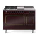 Burgundy dual-fuel range with 5 burners, griddle top, and dual oven doors