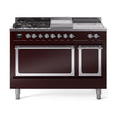 Burgundy dual-fuel range with five burners, griddle, and two closed oven doors
