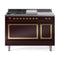 ILVE Nostalgie II Noblesse 48-Inch 5.02 Cu. Ft. Dual Oven Propane Gas Dual Fuel Range with 5 Burners, Griddle, French Top and Solid Door in Burgundy with Brass Trim (UN48FSQNMPBUGLP)
